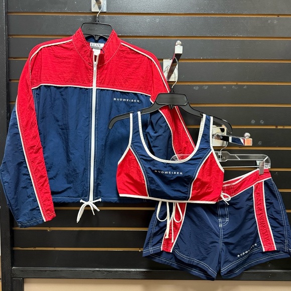 Vintage Elan wear Budweiser Red and Navy swim Activewear Set - Picture 1 of 5